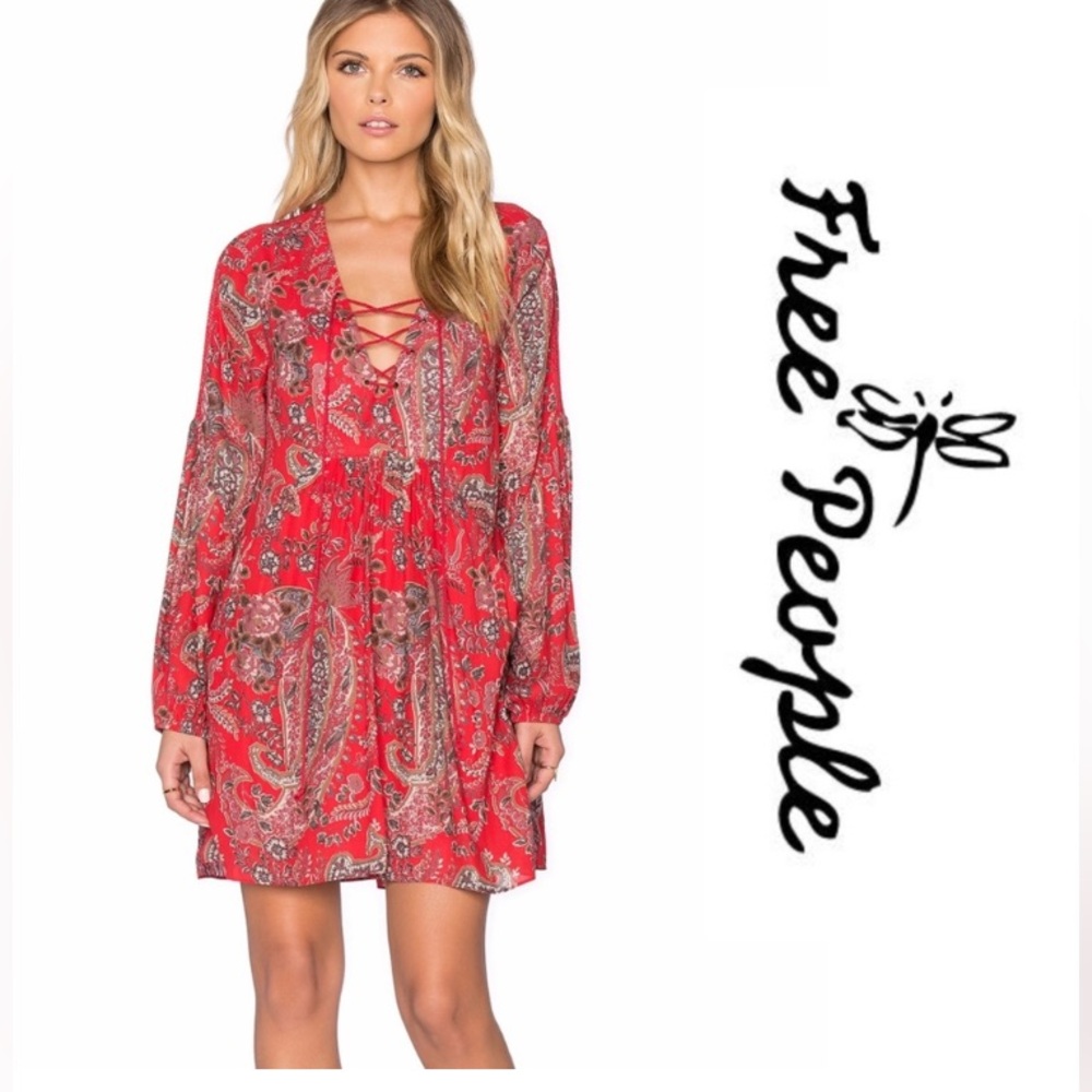 Free People Rain or Shine Boho Red Lace Up Dress Size Extra Small EUC
